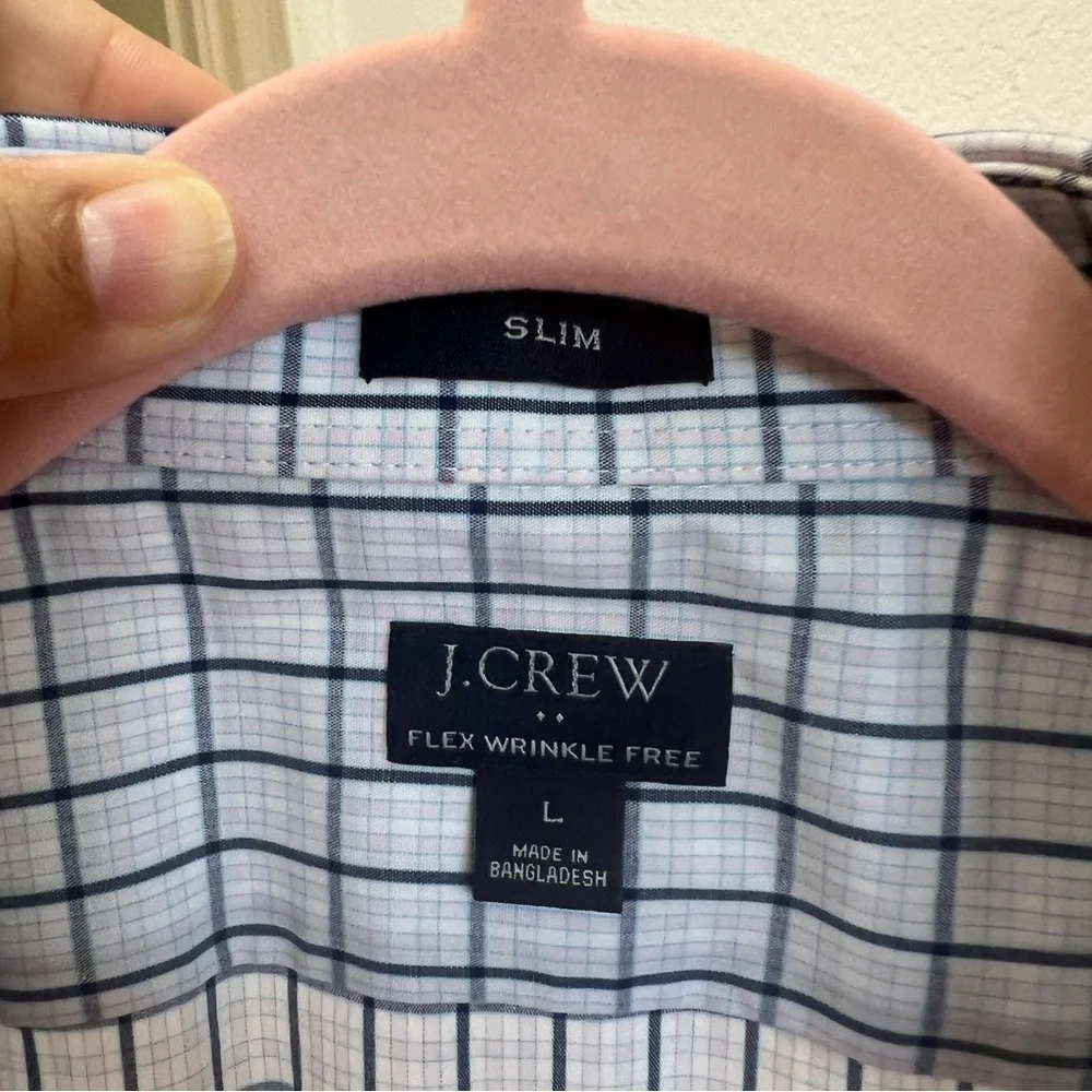 J. Crew Flex Wrinkle Free Slim Button Down Blue Pink White Plaid Large